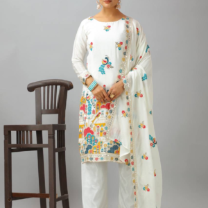 Woman wearing a white embroidered kameez set with a matching dupatta and fully stitched bottom, featuring intricate multicolor detailing.