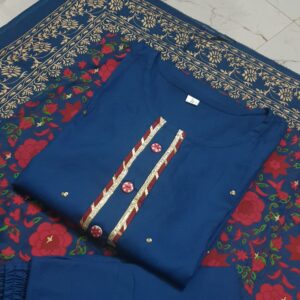 Woman wearing an elegant teal embroidered Kurti paired with a floral brocade dupatta, perfect for festive or ethnic occasions.